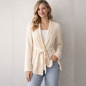 Nine West | Elegant Cream Women's Long Belted Cardigan, Ptp 21"